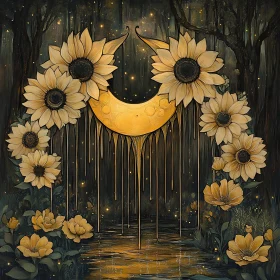 Floral Moonlit Forest Scene with Sunflowers