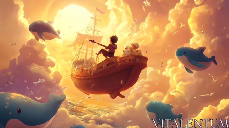 Fantasy Ship Sailing with Whales