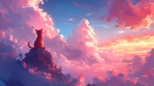 Dreamy Cat Overlooking a Colorful Sky