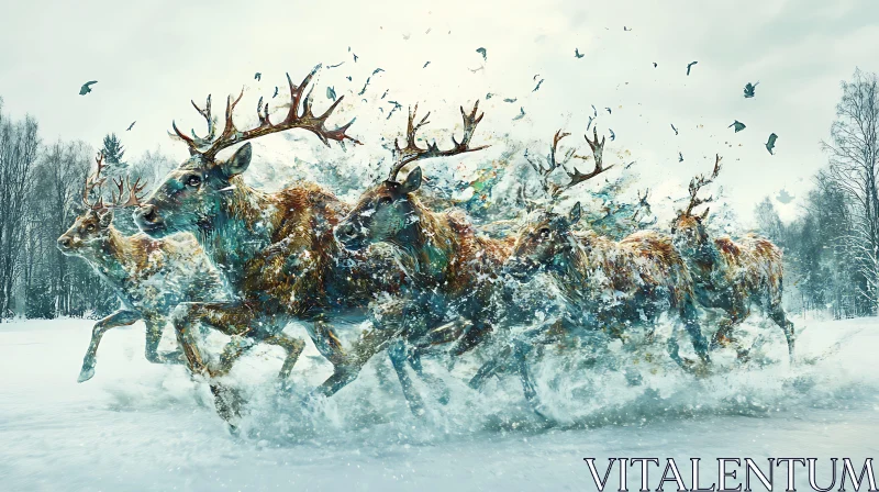 Wild Reindeer Sprinting in Winter Landscape AI Image