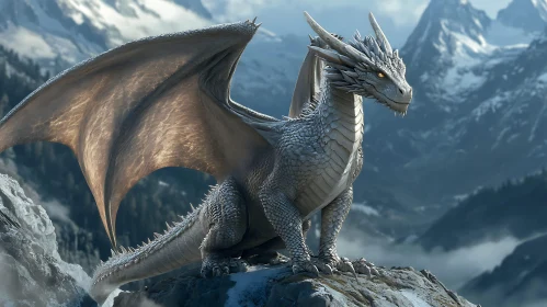 Fantasy Dragon Perched on Mountain Peak