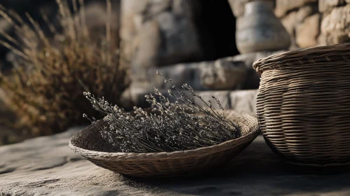 Dried Lavender and Wicker Baskets Still life