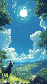 Goat on a Hill Under a Bright Sky