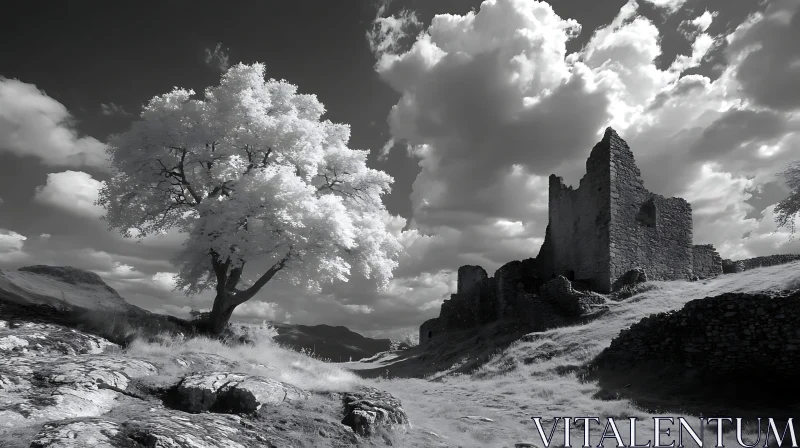 Black-and-White Ruins with Majestic Tree