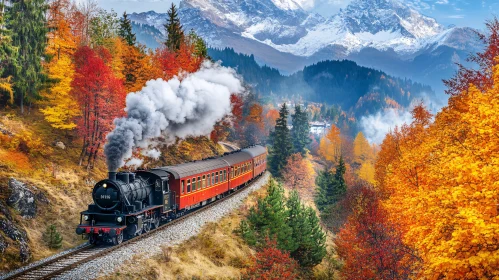 Vintage Train in Fall Mountain Landscape
