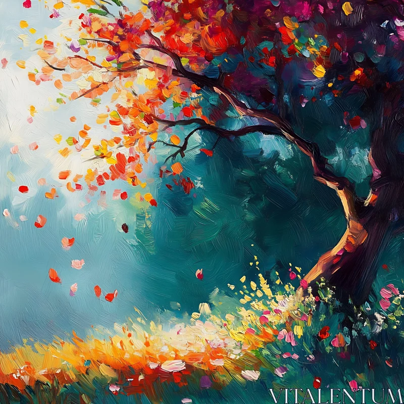 Colorful Autumn Tree in Teal Landscape