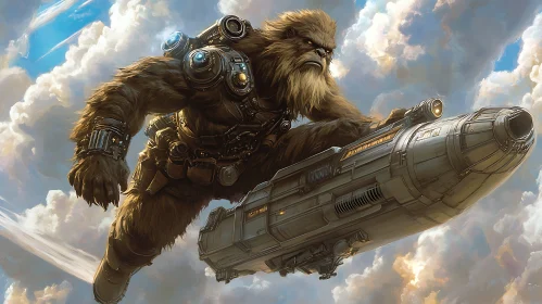 Futuristic Cyborg Flight Over the Sky