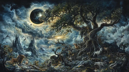 Fantastic Landscape with Animals and Moon
