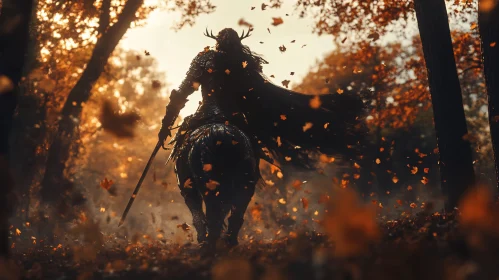 Equestrian Warrior in Fall Forest