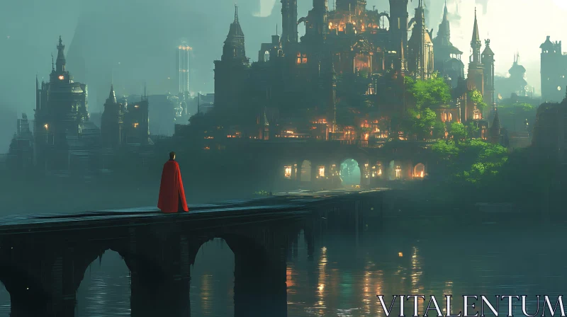 Cloaked Figure on Bridge to City