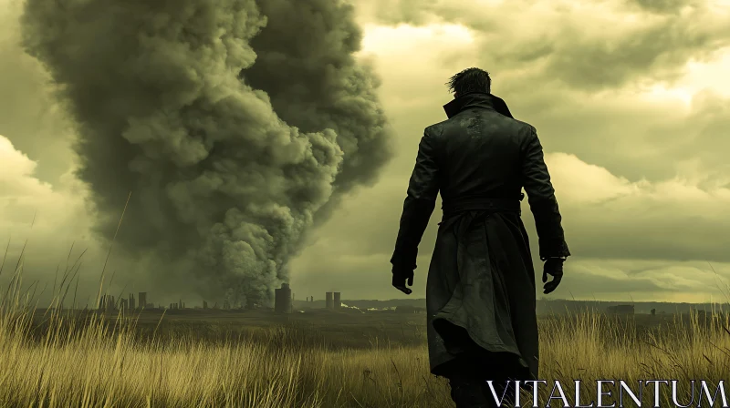 Man Observes Smoke Plume Over Cityscape