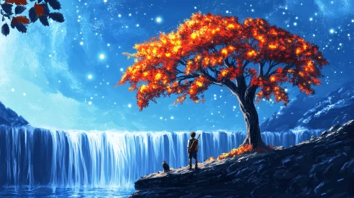 Starlit Waterfall and the Fiery Tree