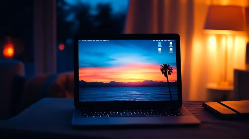 Workplace with a laptop and sunset view