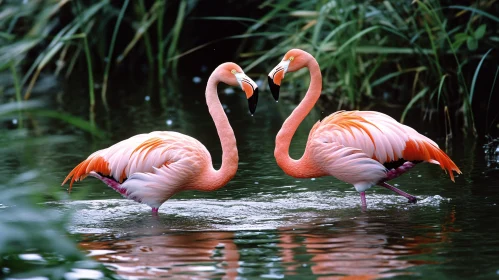 Pair of Pink Flamingos in Water