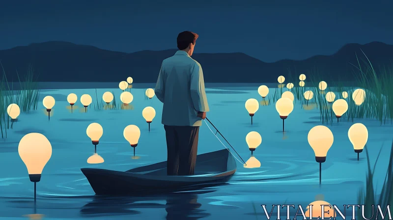 Surreal Nightscape with Light Bulbs in Water