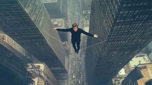 Man on a Tightrope Above City