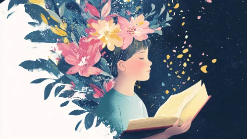 Floral Girl Reading Art Composition