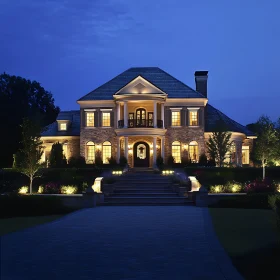 Night View of Elegant Mansion with Warm Lighting