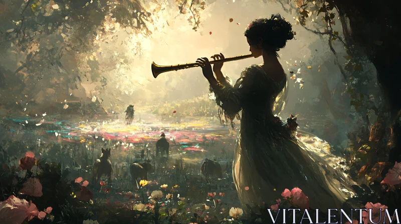 Woman with Flute in Flower Field