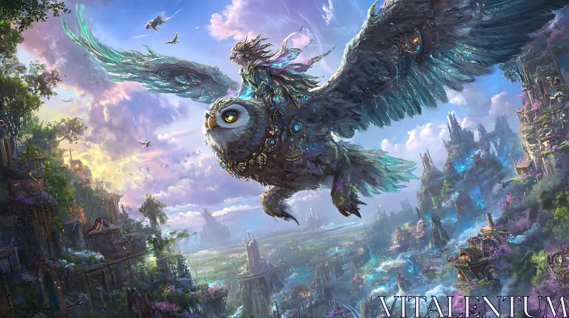 Majestic Owl Soaring Above Fantasy Realm