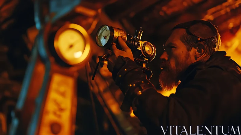 Man with Steampunk Device in Industrial Setting