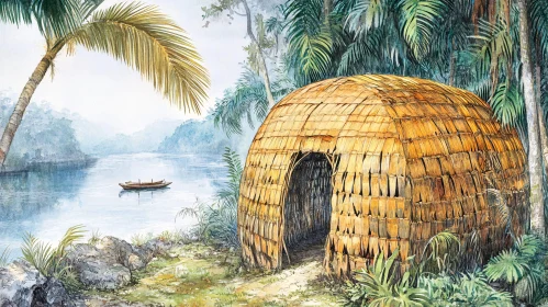 Thatched Hut River Watercolor Painting