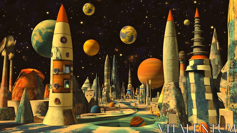 Otherworldly Cityscape with Celestial Orbs