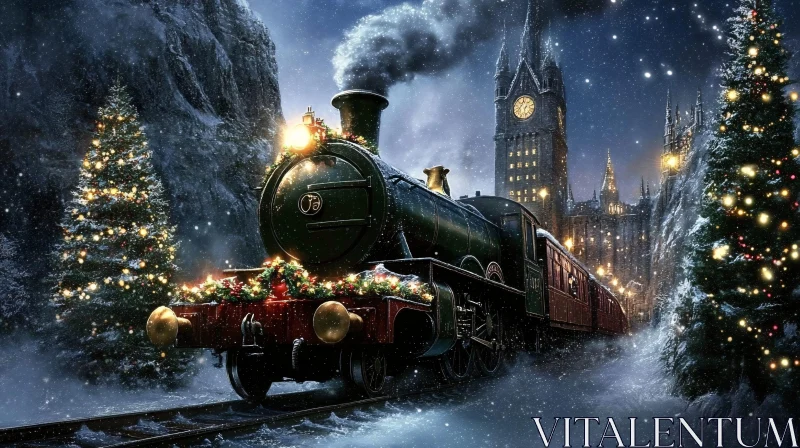 Holiday Steam Train at Night AI Image