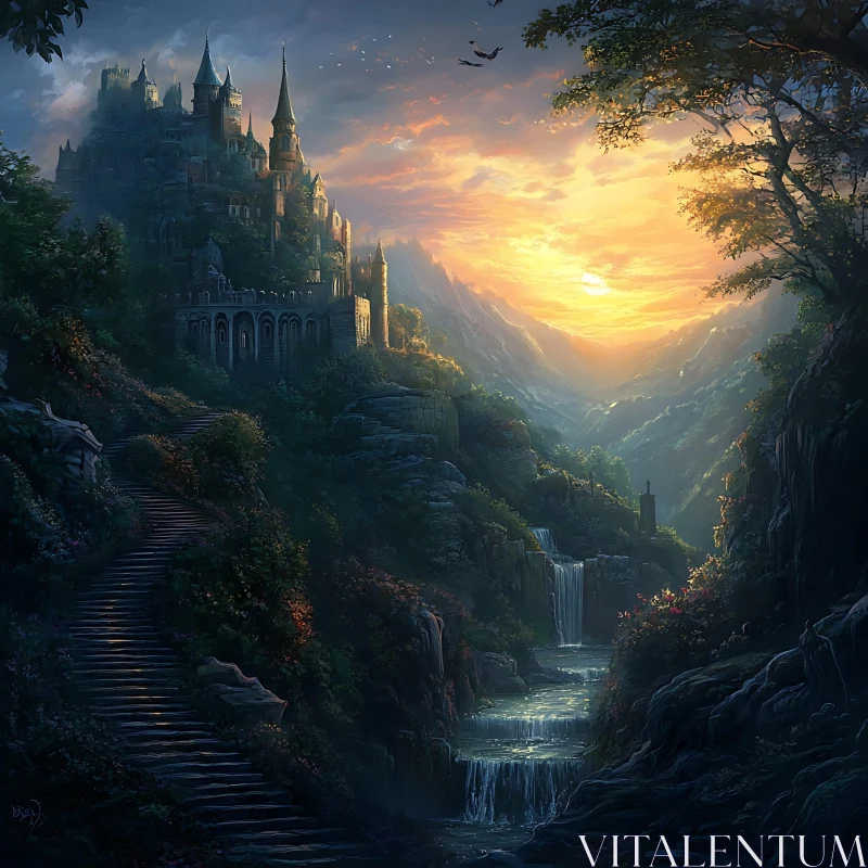 Scenic Castle View with Waterfalls