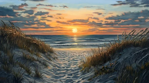 Coastal Sunset Painting with Beach Grass
