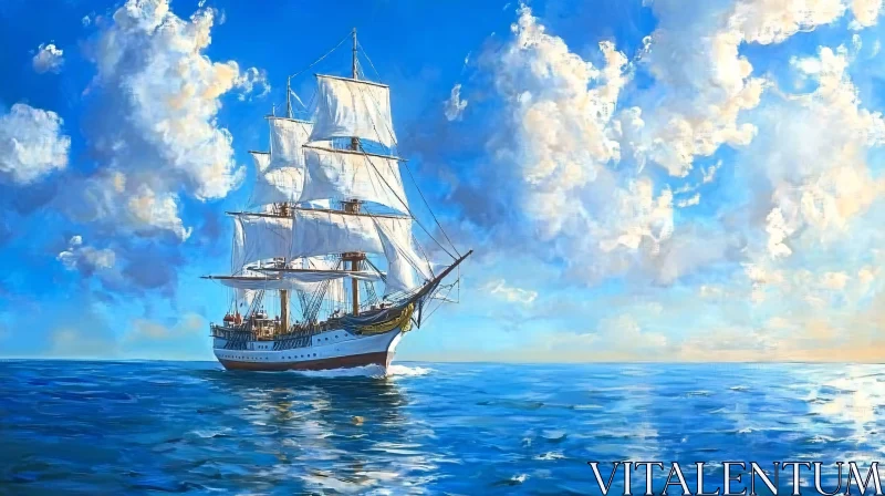 Tall Ship Sailing Under Blue Skies