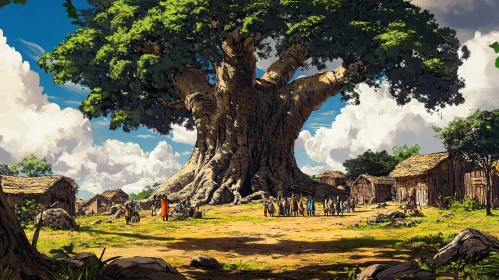Colossal Tree Anime Village Scene