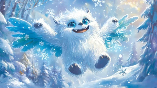 Fluffy Smiling Monster with Snowflake Wings