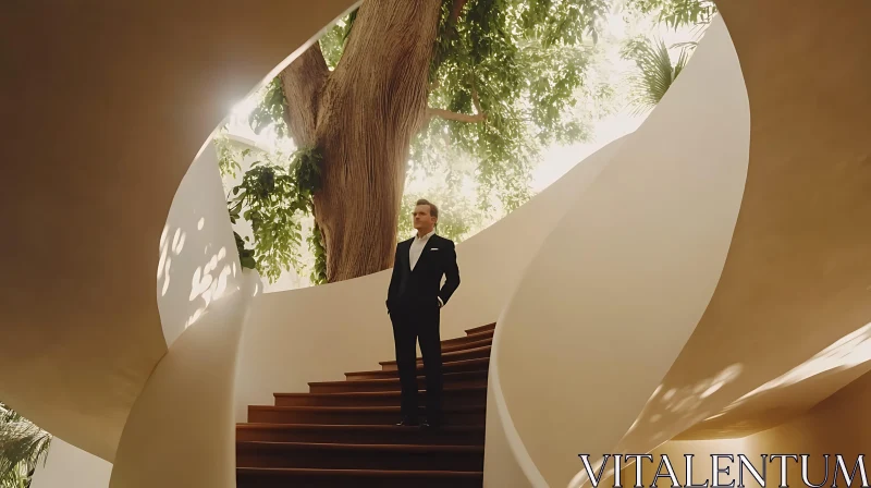 Stylish Man in Suit on Winding Staircase