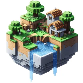 Blocky Isometric Scene with Waterfall and House