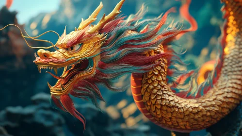 Mystical Golden Dragon with Colorful Mane