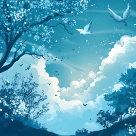 Birds Soaring Above the Blossoming Trees