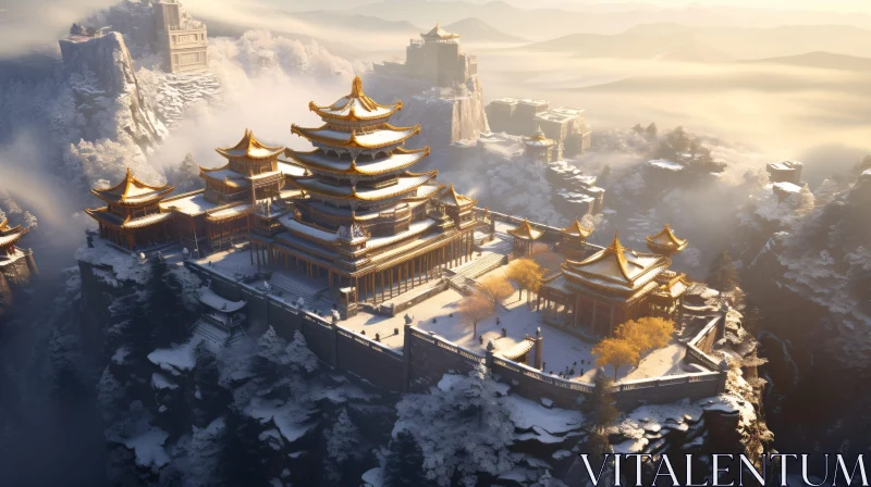 Asian Temple in Winter Mountain Landscape