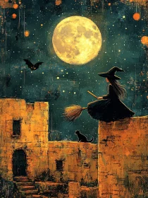 Halloween Night Witch and Cat
