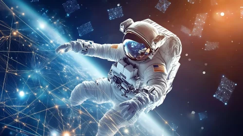 Floating Astronaut Amidst Digital Constellations
