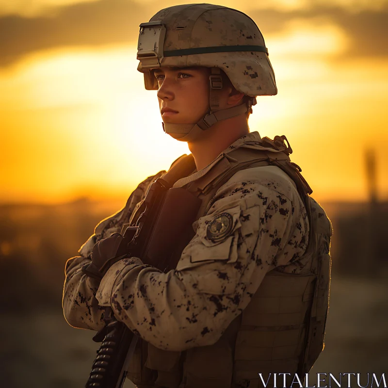 Sunset Silhouette: A Soldier's Vigil