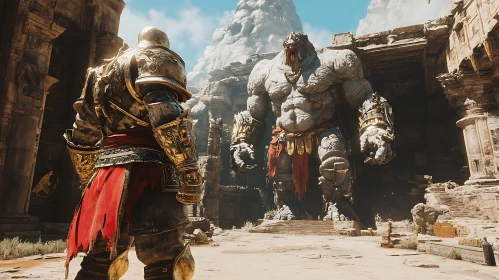 Ancient Battle: Armored Warrior vs. Stone Colossus