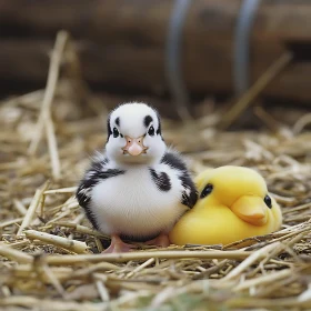 Curious Black and White Duckling and Yellow Duckling on Straw