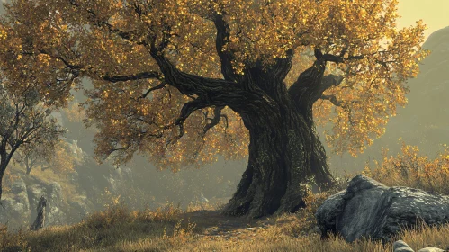 Autumnal Tree in a Misty Field