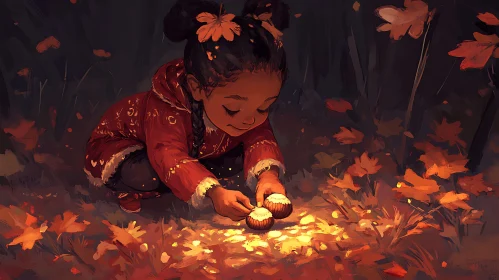 Girl Playing with Chestnuts in Autumn