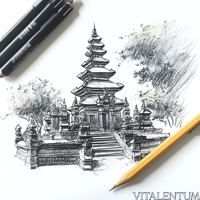 AI ART Graphite Drawing of Tiered Asian Building