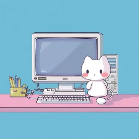 Cute Anime-Style Computer and Cat Illustration