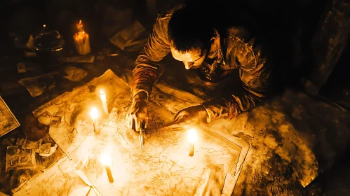 Man Studying Map in Candlelight
