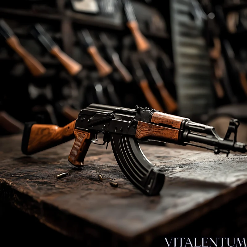 Close-Up of an AK-47 on Wooden Table