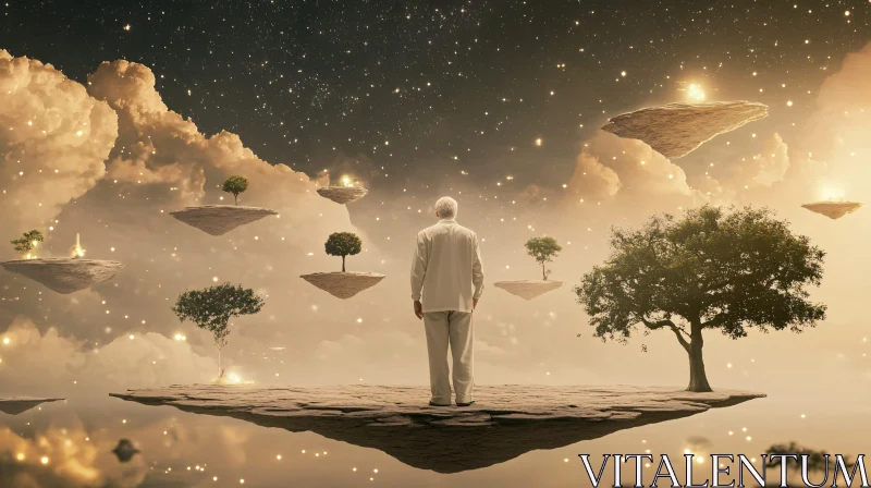 Man on Floating Island in Starry Sky